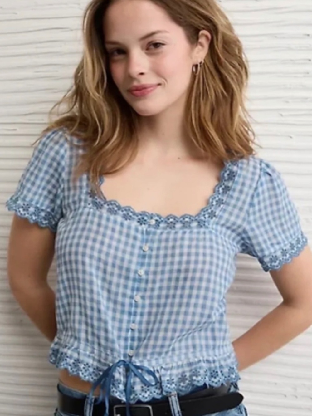 American Eagle Blue Gingham Blouse NWT